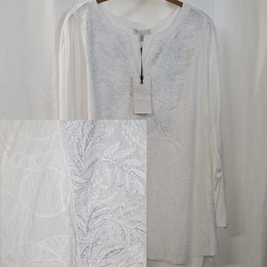 Lila Rose 3X 22/24 White Button Down Lace Yoke Metallic Embroidered Tunic Top
